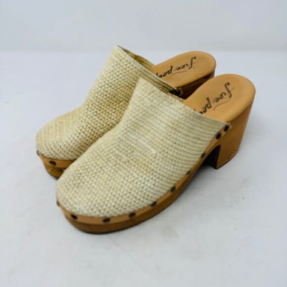 Free People Woven Raffia Platform Mules Natural Wood Heel Clogs Size 39 Boho - Picture 1 of 11